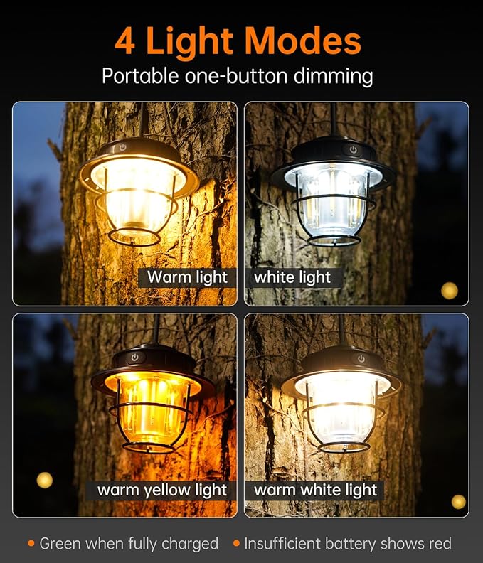 Vintage LED Camping Lantern - Rechargeable 4400mAh, 50-500 Lumens, 4 Lighting Modes, Portable COB Edison-Style Lamp with USB Output, IPX4 Waterproof for Outdoor Camping
