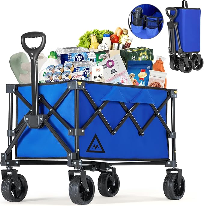 Wagon Cart Shopping Foldable Folding Collapsible with Wheels Big On Beach Garden Outdoor Grocery Heavy Duty Utility All Terrain Portable Wagons Carts for Groceries Sand Camping Sports Blue