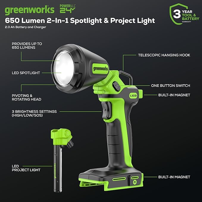 Greenworks 24V 2-in-1 Work Light, Dual Function, (2) Interchangeable Light Heads, 650 Lumen LED, 2.0Ah Battery and Compact Charger Included