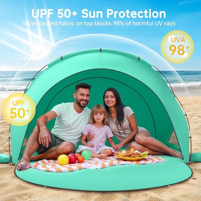 Beach Tent Sun Shelter, Beach Shade Tent with UPF50+ UV Protection, Beach Sun Shelter, Beach Shade with 2 Zippered Doors, Portable Beach Tent for Beach Camping Fishing