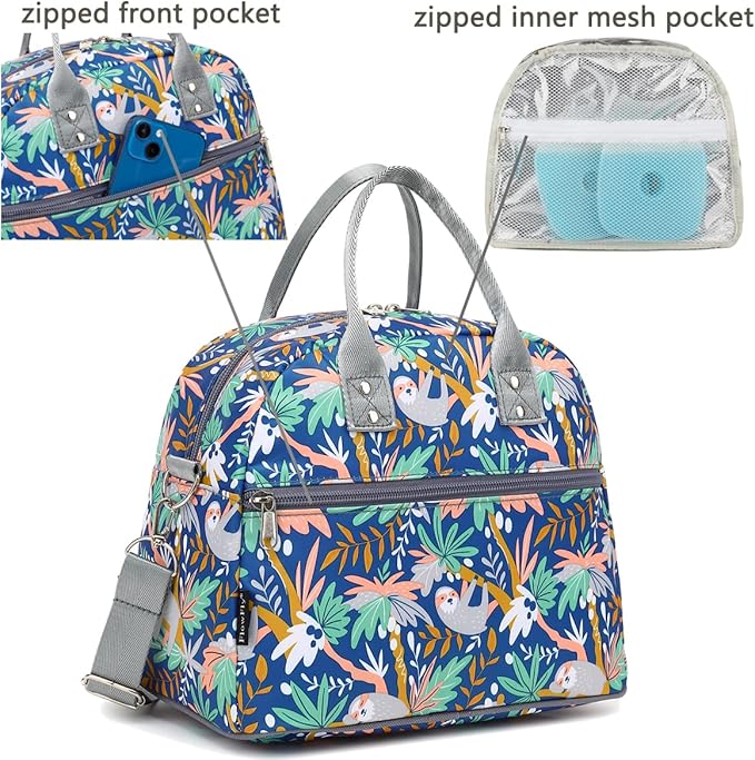 FlowFly Insulated Lunch Bag With Shoulder Strap for Women, Men, and Kids, Large and Reusable, Handle, Freezable Work and School Travel Tote and Meal Prep Organizer,Sloth