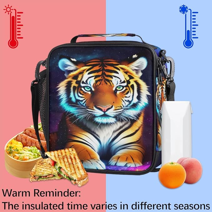 Galaxy Colorful Tiger Insulated Lunch Bag for Girls Boys Teen Cute Tiger Reusable Lunch Box with Shoulder Strap Freezable Thermal Cooler Bag Meal Prep Boxs for School Travel Picnic Beach Lunch Pail