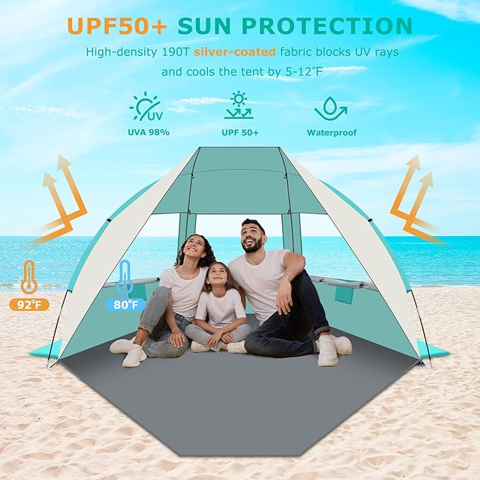 Gorich Portable Beach Tent for 3-7 Person with UPF 50+ UV Protection, Lightweight & Foldable Sun Shelter with 5 Sand Bags, Easy Setup Windproof Beach Umbrella Sun Shade