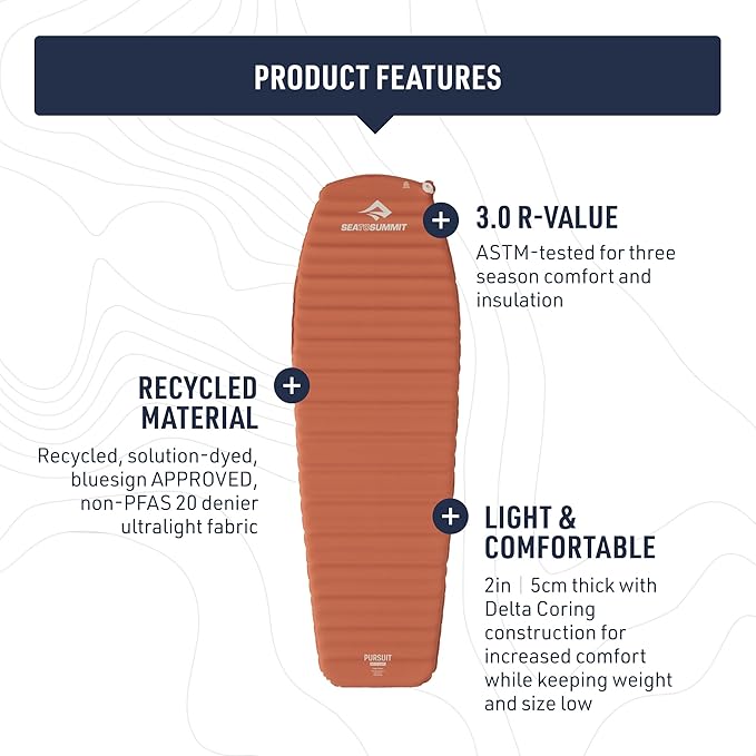 Sea to Summit Pursuit Self-Inflating Sleeping Mat for Camping and Backpacking, Tapered - Large (78 x 25 x 2 inches)