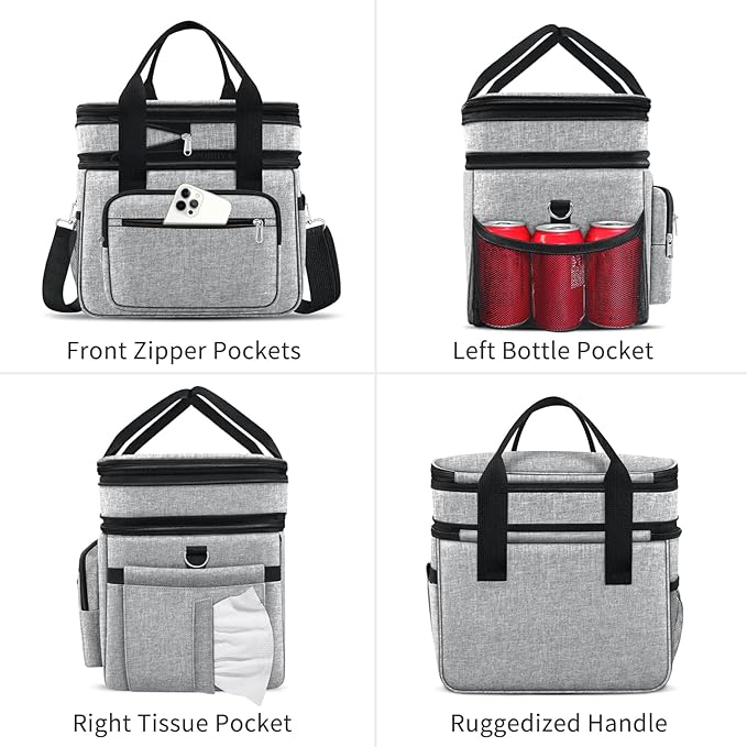 23L Extra Large Expandable Insulated Cooler Lunch Box for Men Double Deck Leakproof Heavy Duty Lunch Bag with 4 Ice Packs&2 Snack Bags for Adult/Construction/Women/Work/Picnic/Camping - Grey