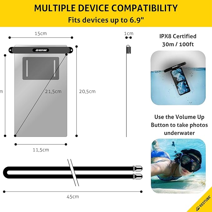 restube Waterproof Phone Pouch | IPX8 Case Fits Up to Max [6.9 Inches] - iPhone 14, 13, 12, 11, XS, XR, X, 8, 7 | Samsung S20, S10, S9 - Ideal for Swimming, Beach, Pool, Travel Black