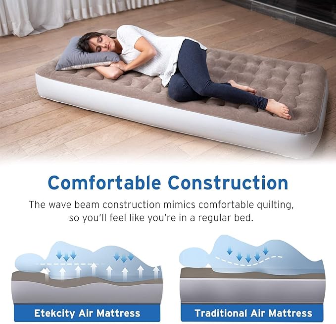 Etekcity Air Mattress Upgraded Twin Size Camping Air Bed Blow Up Bed Inflatable Mattress Raised Airbed with Rechargeable Pump for Guest, Camping, Hiking, Height 9", Storage Bag, Brown