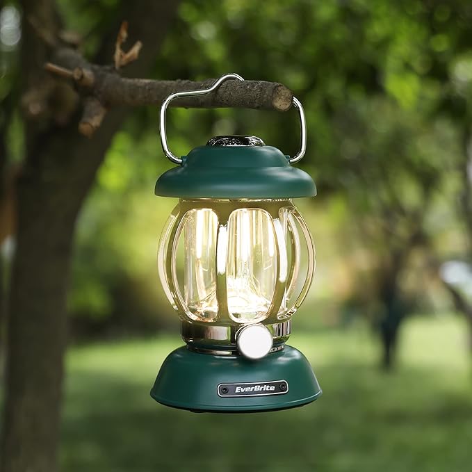 EverBrite Camping Lantern Rechargeable, Retro Metal Camping Light, 4400mAh Battery Powered Hanging Vintage Camping Lamp, 3 Light Modes, Outdoor Tent Light, Emergency Lantern for Power Outage - Green