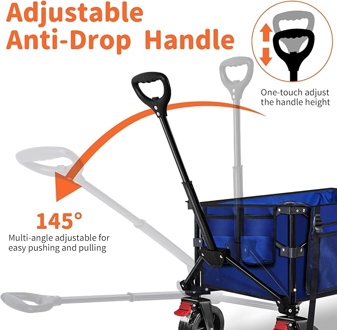 BELEEV Collapsible Wagon Cart, Heavy Duty Foldable Utility Cart with 6" All-Terrain Big Wheels, 130L Large Capacity, Side Pocket & Drink Holders for Beach Grocery Garden Camping Sports Shopping (Blue)