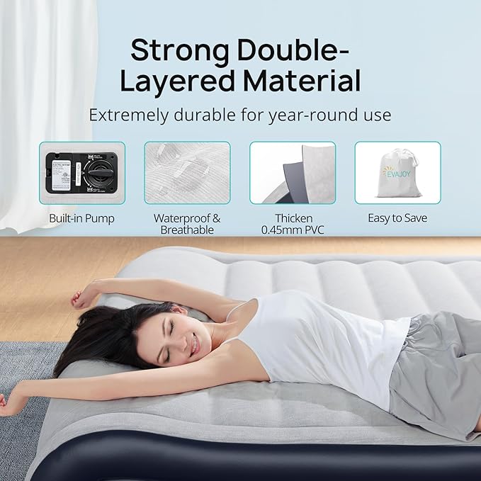 Air Mattress Queen with Built-in Pump & Raised Pillow, 17" Raised Comfort Inflatable Mattress, 3 Min Fast Self-Inflation/Deflation Blow Up Mattress with Storage Bag, Strong Support Air Bed for Home