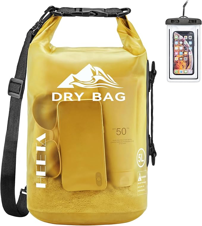 HEETA Dry Bag Waterproof for Women Men, 5L/10L/20L/30L/40L Roll Top Lightweight Dry Storage Bag Backpack with Phone Case for Travel, Swimming, Boating, Kayaking, Camping & Beach, 11 Transparent Colors