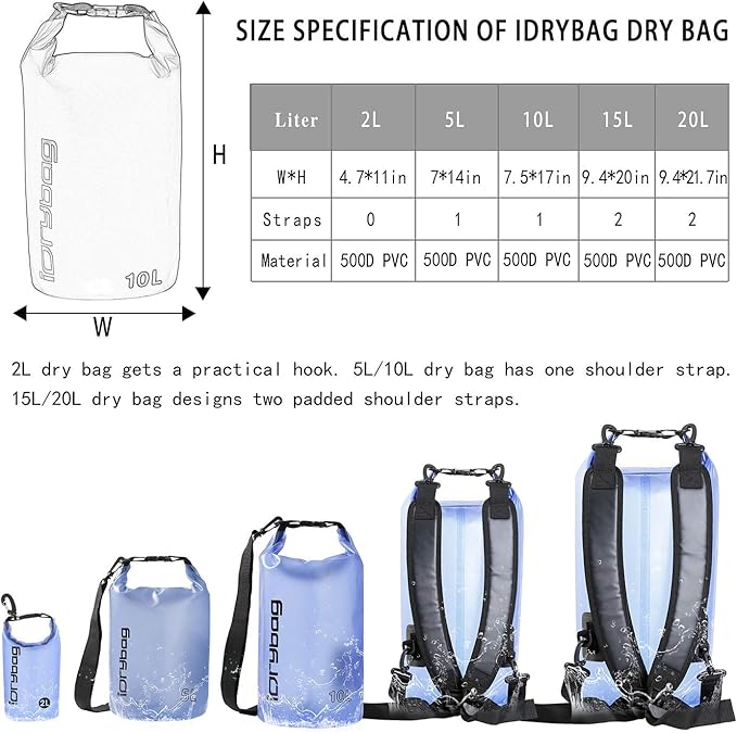 IDRYBAG Clear Dry Bag Waterproof 2L/5L/10L/15L/20L, Small Dry Sack Waterproof Bag for Kayaking