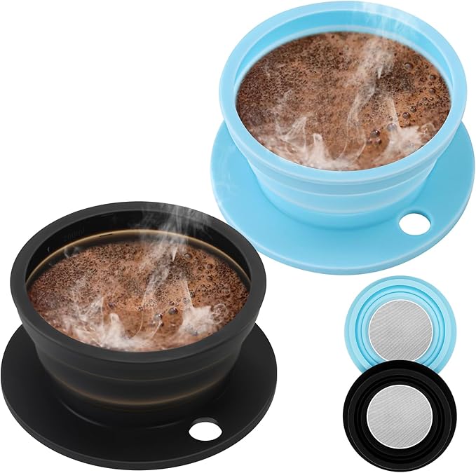 2 Pieces Paperless Travel Pour Over Coffee Maker with Stainless Steel Coffee Filter - Camping Pour Over Coffee Maker Set - Collapsible Travel Pour over Coffee Dripper Kit Single Cup (Black+Blue)