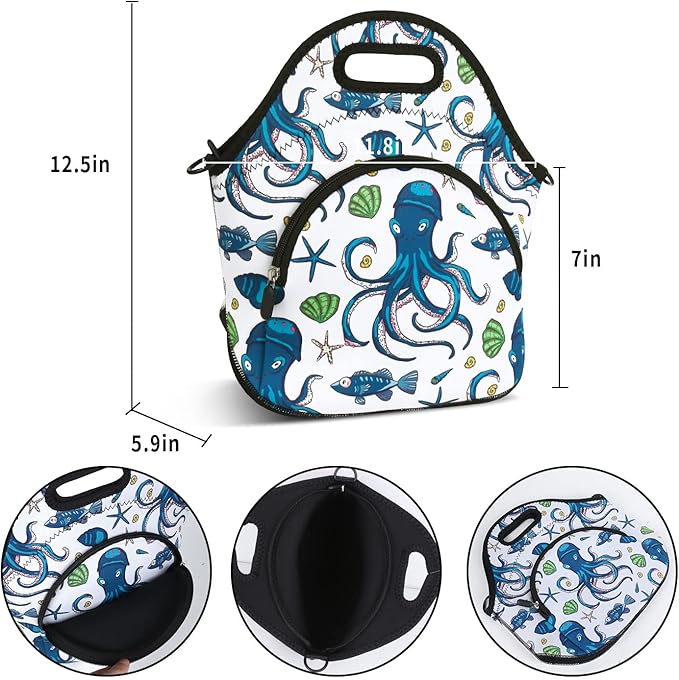 Violet Mist Womens Insutated Neoprene Lunch Bag Resuable Thermal Cute Cartoon Lunch bag with Pocket Detachable Adjustable Shoulder Lunchbox Handbags Container Women Men Adult Gifts(Bule Seaa Animal)