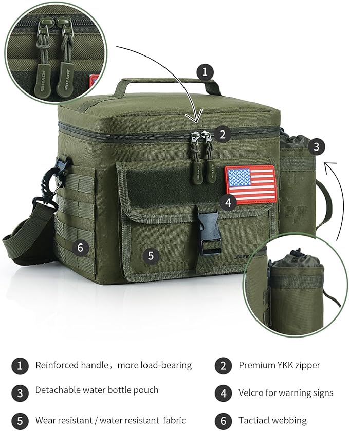 JOYHILL Tactical Lunch Box for Men, Insulated Lunch Bag with Detachable Bottle Pouch Holder, Medium Durable Thermal Cooler Bag,Modern Leakproof Bag for Work, Camping, Picnic,Green,13L/18 Can