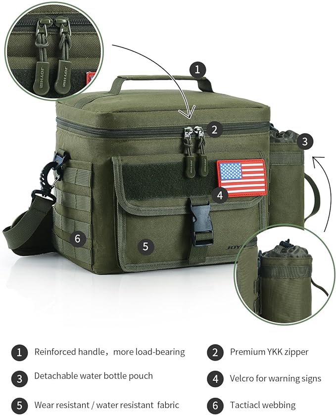 JOYHILL Tactical Lunch Box for Men, Insulated Lunch Bag with Detachable Bottle Pouch Holder, Large Durable Thermal Cooler Bag for Adult, Leakproof Bag for Work, Camping, Picnic, Sandy,13 L/18 Can