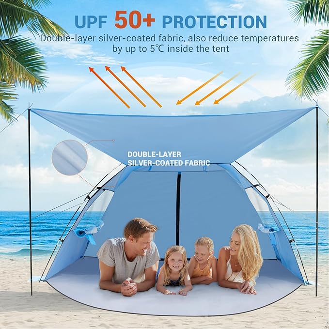 Elegear Beach Tent Sun Shelter with Canopy, 4-5 Person Pop Up Beach Tent Cabana, Easy Setup UPF 50+ UV Protection Portable Lightweight Double Silver Coating Sun Shade Shelter - Dark Blue