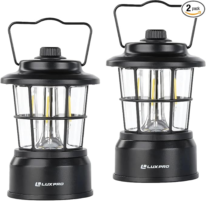 LUXPRO Retro LED Lantern - Battery-Powered Emergency Lantern - Water Resistant - Bright LED Lamp for Indoor & Outdoor Use - Use for Tents, Hiking or Hurricane Prep - 2 Pack, Black