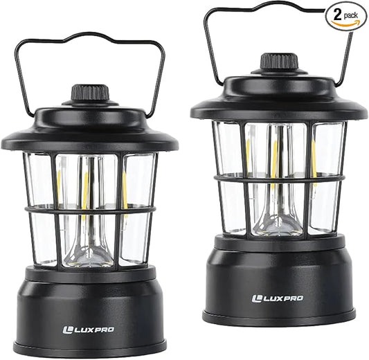 LUXPRO Retro LED Lantern - Battery-Powered Emergency Lantern - Water Resistant - Bright LED Lamp for Indoor & Outdoor Use - Use for Tents, Hiking or Hurricane Prep - 2 Pack, Black