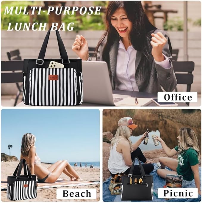 Large Women Lunch Bags for Work/Insulated Adult Lunch Box for Women/Leakproof Cooler Lunch Tote Bag with Storage Pocket. Reusable Lunch Cooler Purse for Work Picnic Hiking 12L, Black Stripes