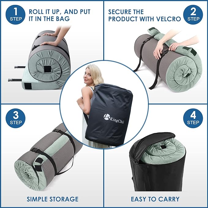 KingChii CertiPUR-US Memory Foam Camping Mattress, Portable Roll Up Travel Car Camping Mattress Sleeping Pad & Floor Mattress, Cot Mattress Guest Bed for Sleepover with Waterproof Cover & Travel Bag