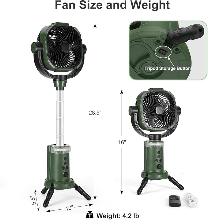 Odoland Camping Fan with Lantern, 360° Oscillation 20000mAh Table Fan with Remote & Hook, Rechargeable Battery Operated Outdoor Power Fan with Light for Camp, Family Travel and Jobsite, Green