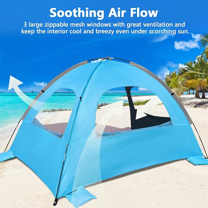 NXONE Beach Tent Sun Shade Shelter for 4 Person with UV Protection, Extended Floor, 3 Mesh Roll Up Windows & 8.5mm Fiberglass Rods丨Carry Bag Included (Dark Shelter-Ocean Blue)