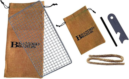 Portable Bushcraft Stainless BBQ Cooking Grill Grate, Bamboo Cutting Board, Burlap Bag, Mini Knife, Fire Starter Kits. Camping, Campfires, Backpacking, Hunting & Fishing Gear