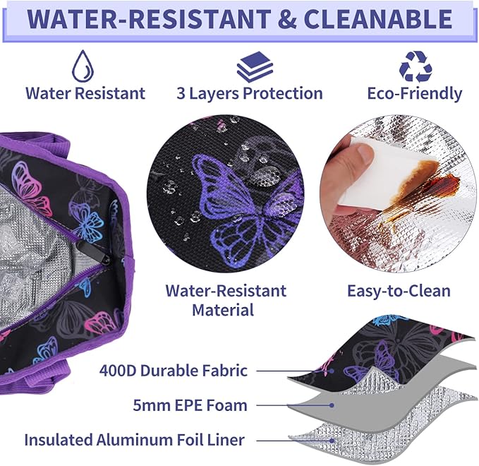 Lunch Bags for Women,VONXURY lnsulated Thermal Adult Lunch Box Large High-capacity Cooler Lunch Tote with Detachable Shoulder Strap for Work College Travel Picnic (Black Butterfly)