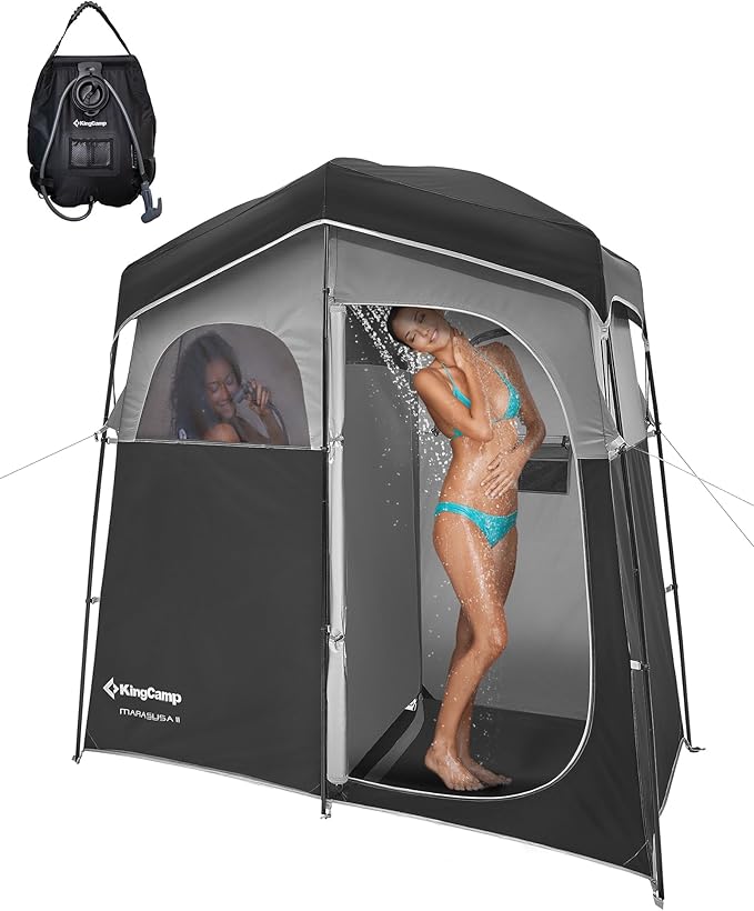 KingCamp Camping Shower Tent, Portable Outdoor Privacy Toilet & Changing Tent Windproof & Waterproof Easy Setup 1 or 2 Room Shelter with Shower Bag for Camping Hiking Beach