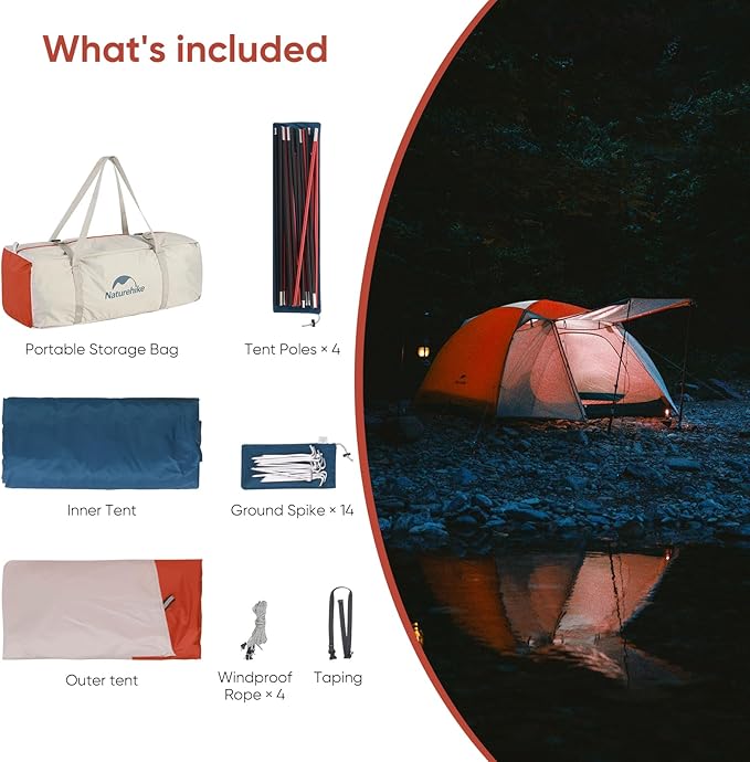 Naturehike Camping Tent, 2/3 Person Double Layer, Instant Easy Setup, Waterproof PU2000mm, 54 MPH Wind Resistance, UPF 50+, Outdoor Tent for Camping, Festivals, Backyard, Sleepovers