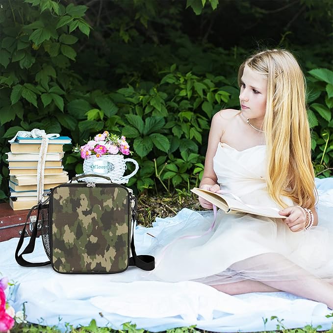 Pardick Camo Insulated Lunch Bag for Kids Students Lunch Box Meal Holder Camouflage Green Reusable Cooler Bag for Boys Thermal Lunch Box for School Picnic Travel Outdoor