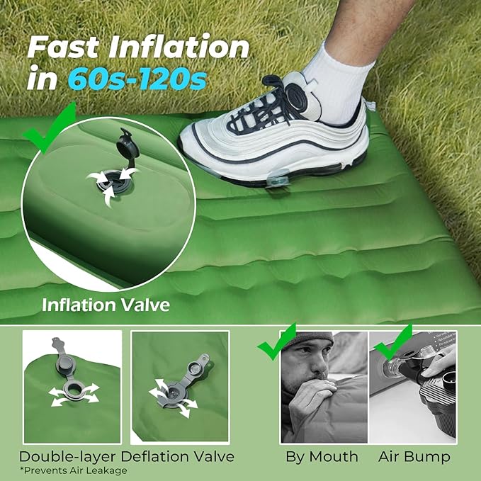 Double Sleeping Pad for Camping, 5" Ultra-Thick Inflatable Mat with Built-in Foot Pump, 2-Person Ultralight Camping Mat with Pillow, Insulated Sleeping Mat for Backpacking, Hiking, Tent Use