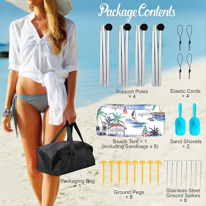 Rhino Valley Beach Tent Sun Shelter, Beach Canopy Tent Sun Shade UPF50+ Protection with 8 Sandbags 4 Stability Poles, Outdoor Beach Shade Canopy for Beach, Camping, Fishing