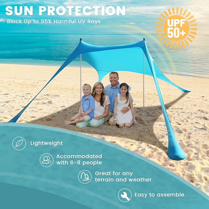 Beach Tent Sun Shelter - UPF50+ UV Protection 9.8 x 6.5 Ft Beach Canopy with Sandbags, Poles, Grond Pegs and Anti-Wind Ropes for Outdoor Fun