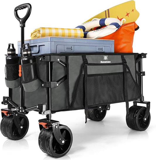 Navatiee Big Wheels Collapsible Wagon Cart Foldable, Heavy Duty Beach Wagon with Silent All-Terrain Wheels, Folding Utility Grocery Cart with Side Pocket and Brakes for Camping Garden Sports, Gray