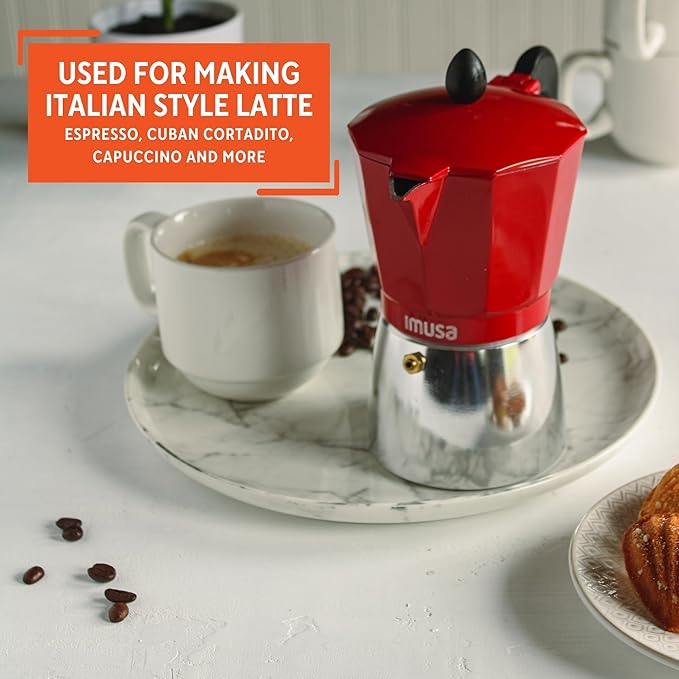 IMUSA USA Red Aluminum Stovetop 6-cup Classic Italian and Cuban Espresso Maker (B120-43T), Silver/Red