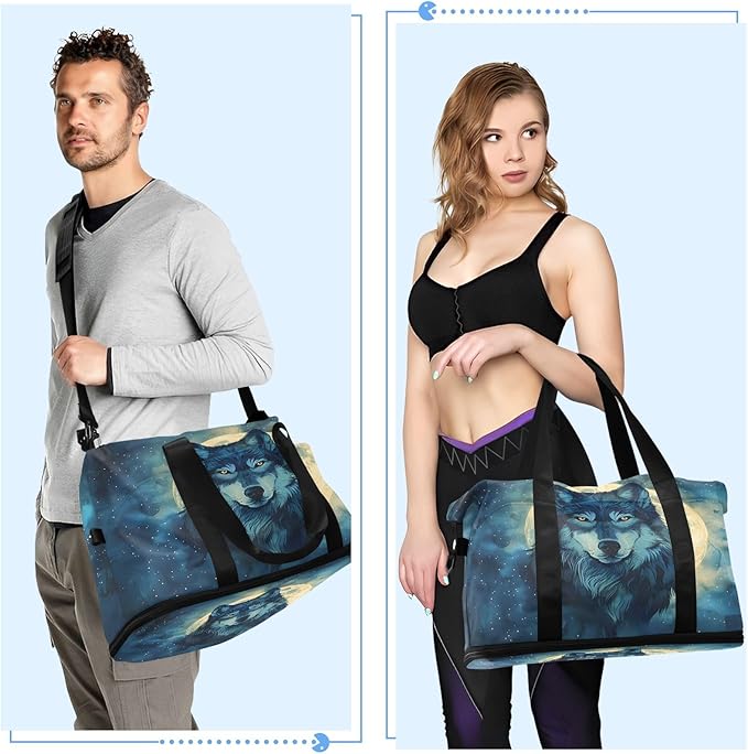 Wolf Moon Night Travel Duffel Bag Waterproof Gym Sport Tote Bag Carry On Weekender Bag with Compartment