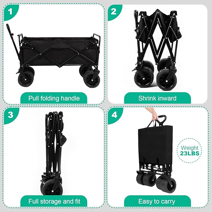 MMQ Heavy-Duty Folding 550 Lbs Collapsible Wagon with Big Wheels - Robust Construction, Spacious Interior, Adjustable Rolling Carts, Outdoor Folding Camping Wagons, Portable Utility Cart (Black)