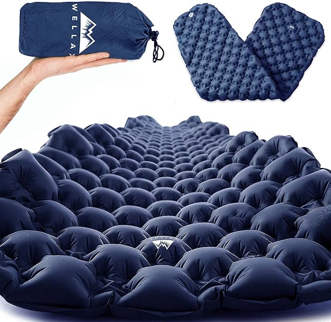 WELLAX Ultralight Air Sleeping Pad - Inflatable Sleeping Mat, Ultimate Airpad for Backpacking, Traveling, Camping and Hiking - Repair Kit, Carry Bag, Compact Air Mattress