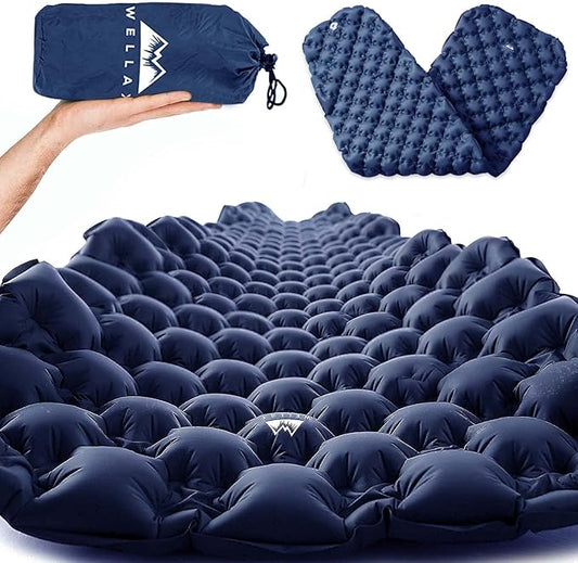 WELLAX Ultralight Air Sleeping Pad - Inflatable Sleeping Mat, Ultimate Airpad for Backpacking, Traveling, Camping and Hiking - Repair Kit, Carry Bag, Compact Air Mattress