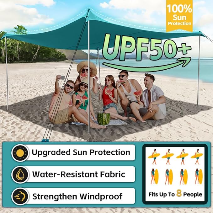 Beach Shade Tent, Portable Easy Pop Up Beach Canopy, UPF50+ Sun Protection Shelter, Windproof & Water Resistant, Perfect for Family
