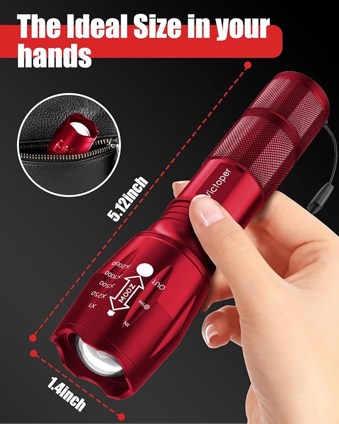 Victoper LED Flashlight 2 Pack Red, Bright High Lumens Tactical Flashlights High Lumens with 5 Modes, Waterproof Zoomable Flash Light for Outdoor, Gifts for New Year 2025 Camping Essentials Gear