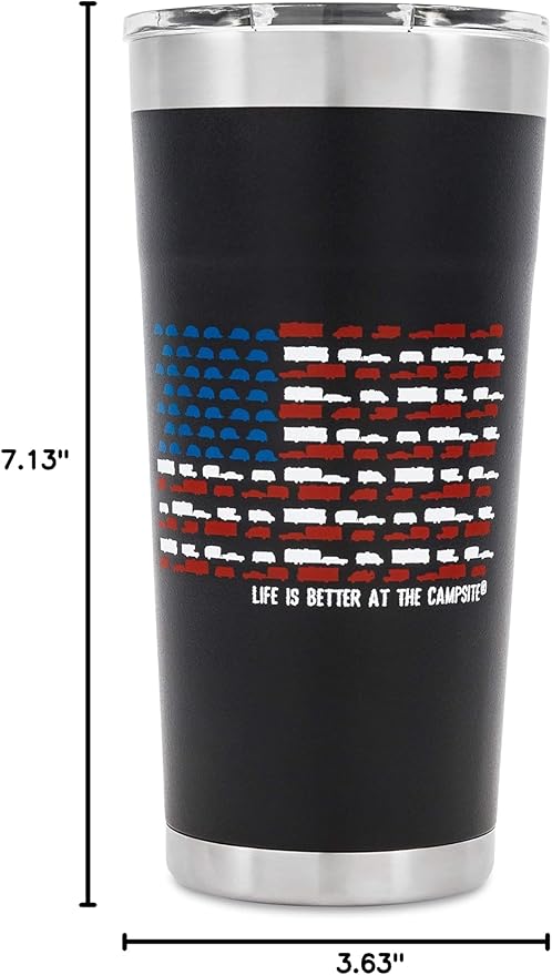 Camco Life is Better at The Campsite Tumbler | Heavy Duty Double Wall Vacuum Insulation | Crafted of 18/8 Stainless Steel | Unique RV U.S Flag Design on Charcoal Background | 20-oz (53065)