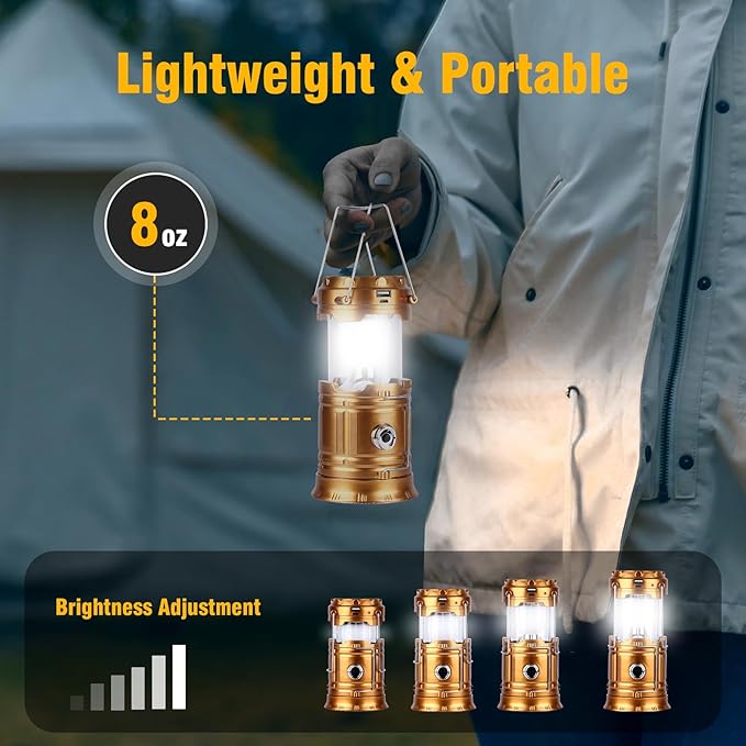 Solar Camping Lantern for Power Outages - USB Rechargeable Lamp Camping Essentials，Collapsible Portable Waterproof Solar Lights for Indoor Outdoor Emergency Light/Gold