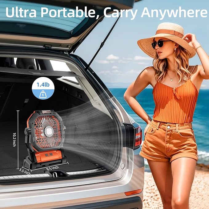 Camping Fan Rechargeable, 20000mAh Battery Powered Portable Fan with LED Light, 4-Speed 180° Adjustable, Camping Essentials for Tent, Travel, Car, Outdoor, Indoor, BBQ, Fishing, Jobsite - Orange