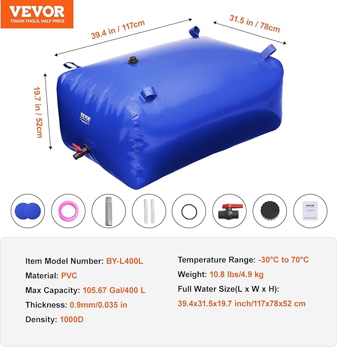 VEVOR 400L/105.7Gallon Water Storage Bladder, RV Water Tank, 1000D Blue PVC Collapsible Water Storage Containers, Large Capacity Soft Water Bag, Portable Water Bladder,Garden Irrigation, Camping