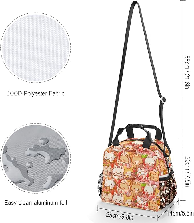 Lunch box Kids,Insulated Cat Lunch Bag Cute Small Pink Lunch Totebag Reusable Leakproof Corgi Lunch Bag With Shoulder Strap for Girls Boys Women School Work Picnic (red cat)