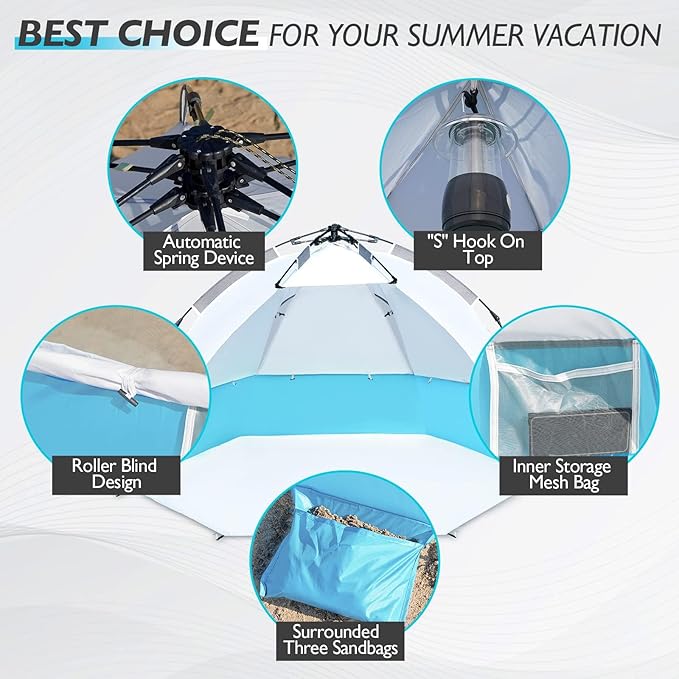 Beach Tent Pop Up Shade, Instant Beach Tents Sun Shelter with UPF 50+ UV Protection, Lightweight & Easy Setup Tent 2-6 Person