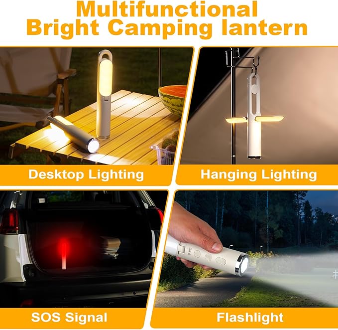 Rechargeable Camping Lantern with Hook - Powered LED Tent Light for Outdoor, Emergency Survival Gear, Hanging Flashlight, Head Lamp